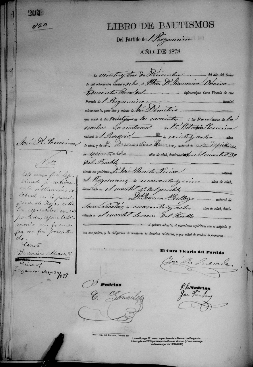 Bautismo de José Demetrio Chavero - 1878