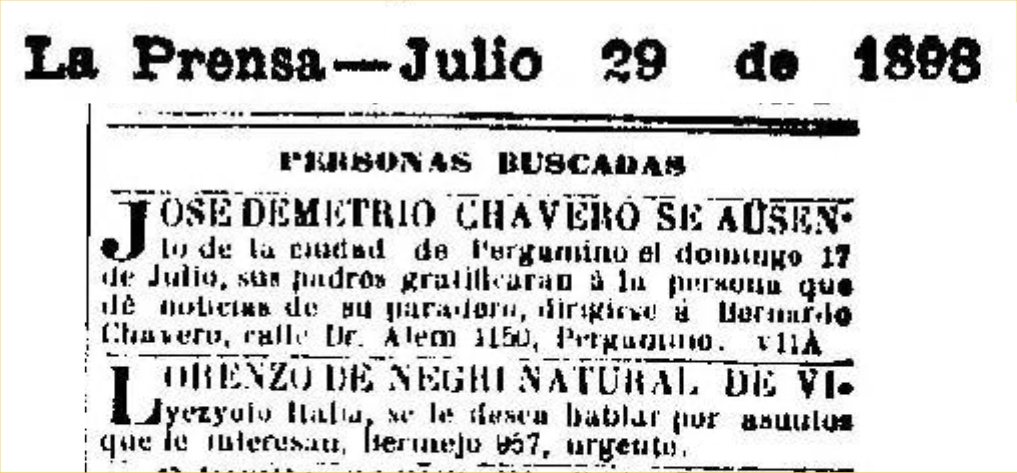 La Prensa 1898 - José Demetrio ha desaparecido